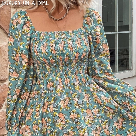 Retro Floral Print Long-sleeve Smocked Bodice Mini Dress Babydoll Mini Bohemian - Picture 7 of 14